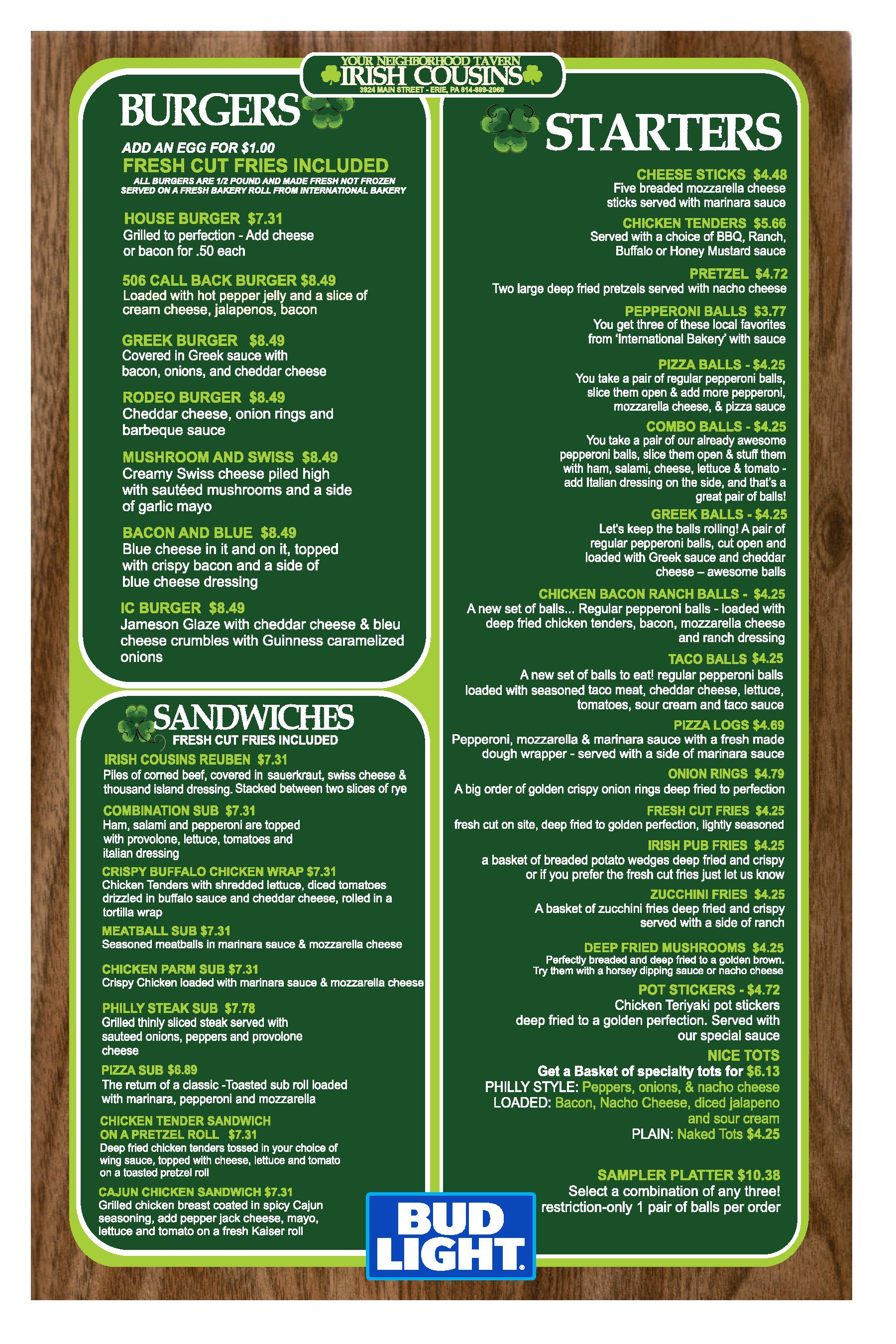 Irish Cousins Menu Erie, Pennsylvania